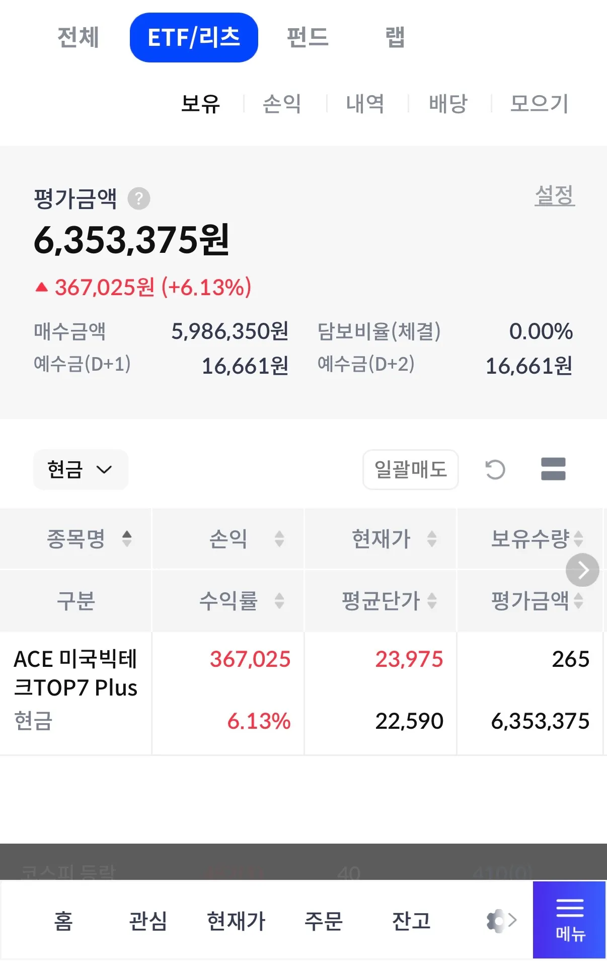 신한투자증권 ETF/리츠 탭 — ACE 미국빅테크TOP7 Plus 265주 보유, 평가금액 6,353,375원, 수익률 +6.13%